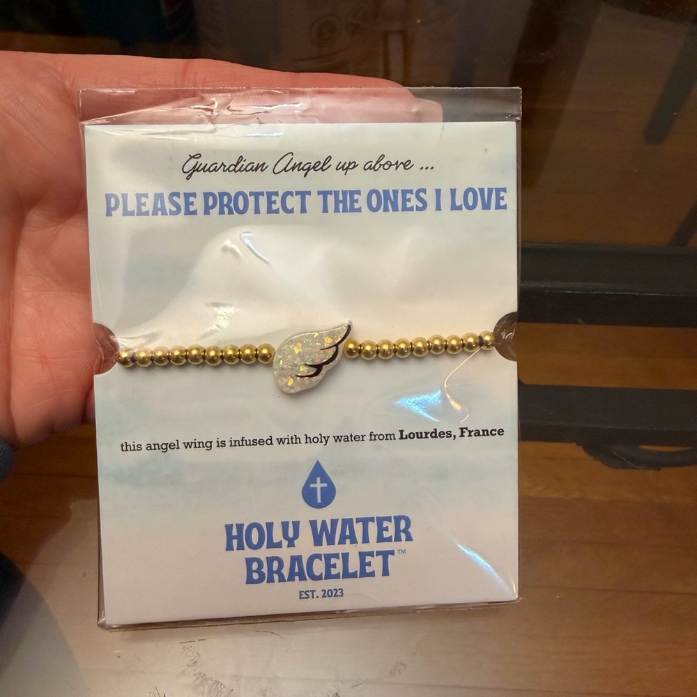 Holy Water Bracelet with Opalescent Angel Wing - Gold Beaded